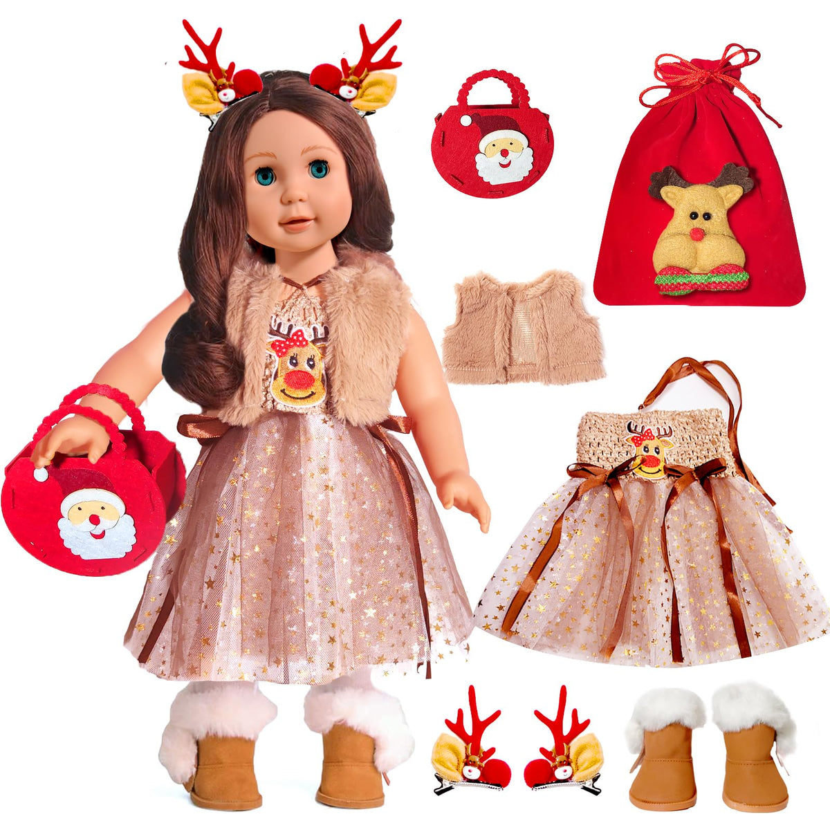 18-inch Doll-Clothes Set - Christmas Costumes with Shoes Headwear and Elk Gift Bag