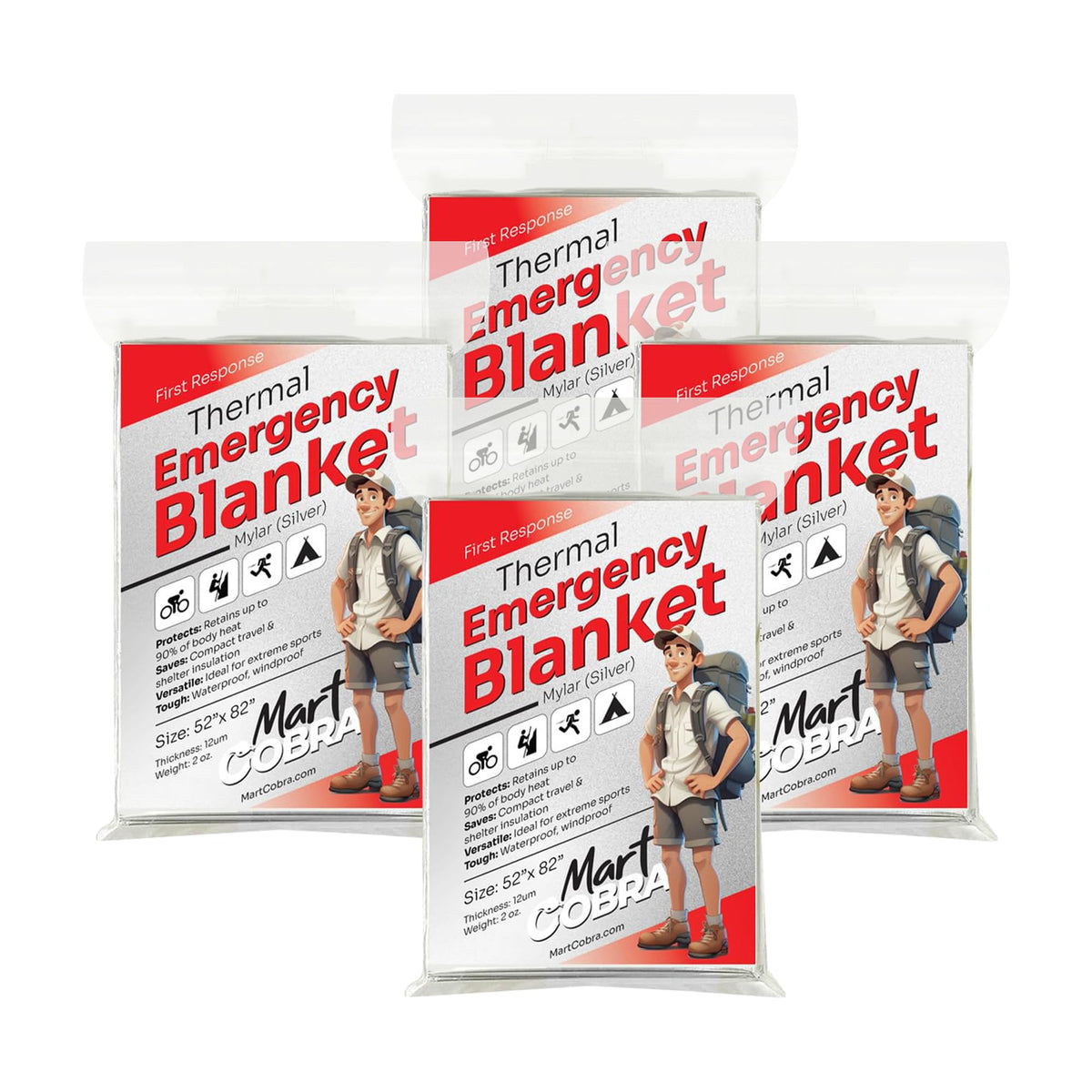 Mart Cobra Emergency Blanket 4-Pack Space Mylar Blankets Survival Gear and Supplies Reusable Thermal Camping Essentials First Aid Car Emergency Kit Prepper Bug Out Bag Foil Warm Cat Cold Snow Winter
