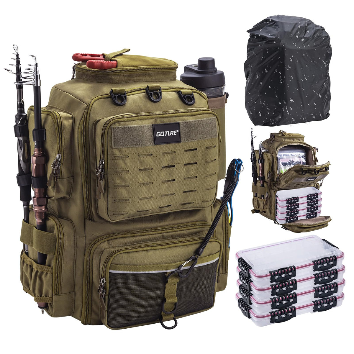 Goture Fishing Backpack with 4 Tackle Boxes Fishing Tackle Backpack with Rod Holders 45L 600D Large Fishing Bag Storage Fishing Gear Tackle Bag with 8 Lure PocketsRain Cover for Camping Hiking
