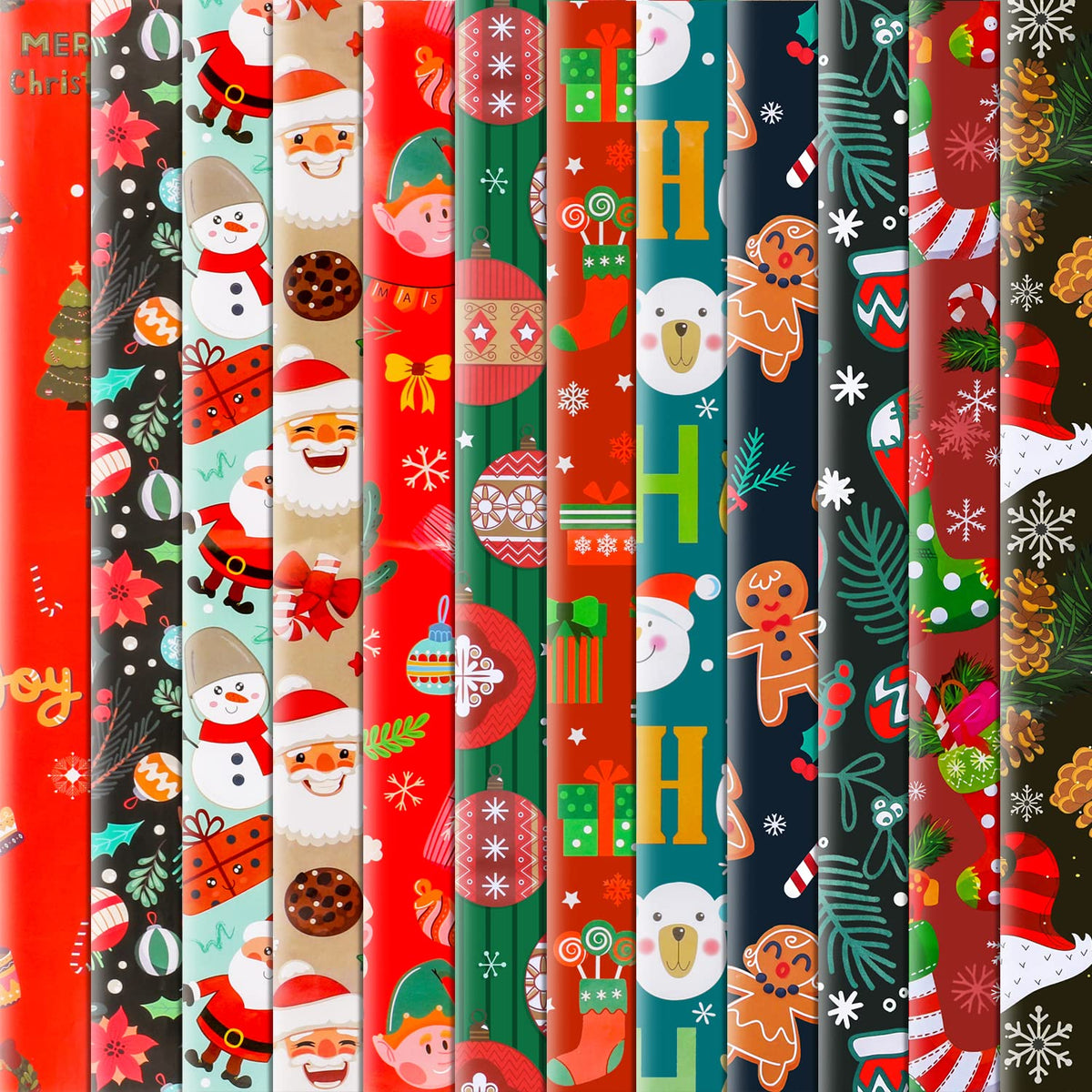 Konsait 12Pack Folded Large Sheets of Christmas Wrapping Paper Traditional Gift Wrap Christmas DecorationXmas Festive Designs- Kids Snowman Santa Christmas Tree Snowflake Reindeer 74 X 51cm
