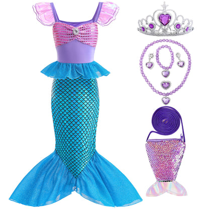 Aukidwld Little Girls Mermaid Costume Dress up Cosplay with bag accessories Halloween Christmas Birthday Gift 5-6Years