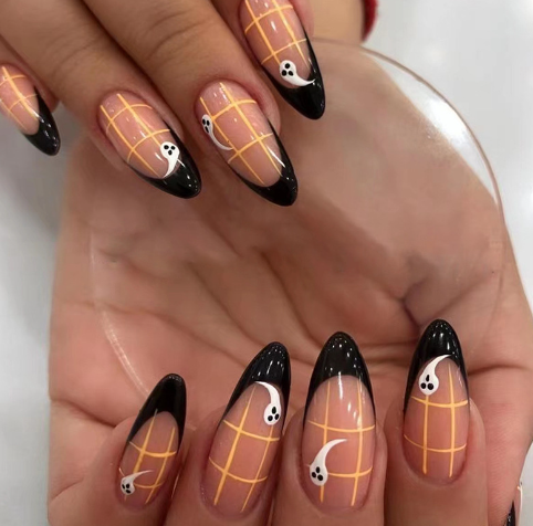 Black French Almond Ghost Manicure Fake Nails Set