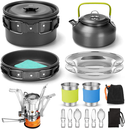 Outdoor Cooking Gear Set with Stove, Pot, and Teapot