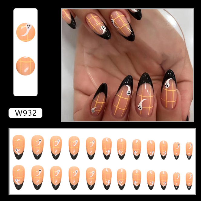 Black French Almond Ghost Manicure Fake Nails Set