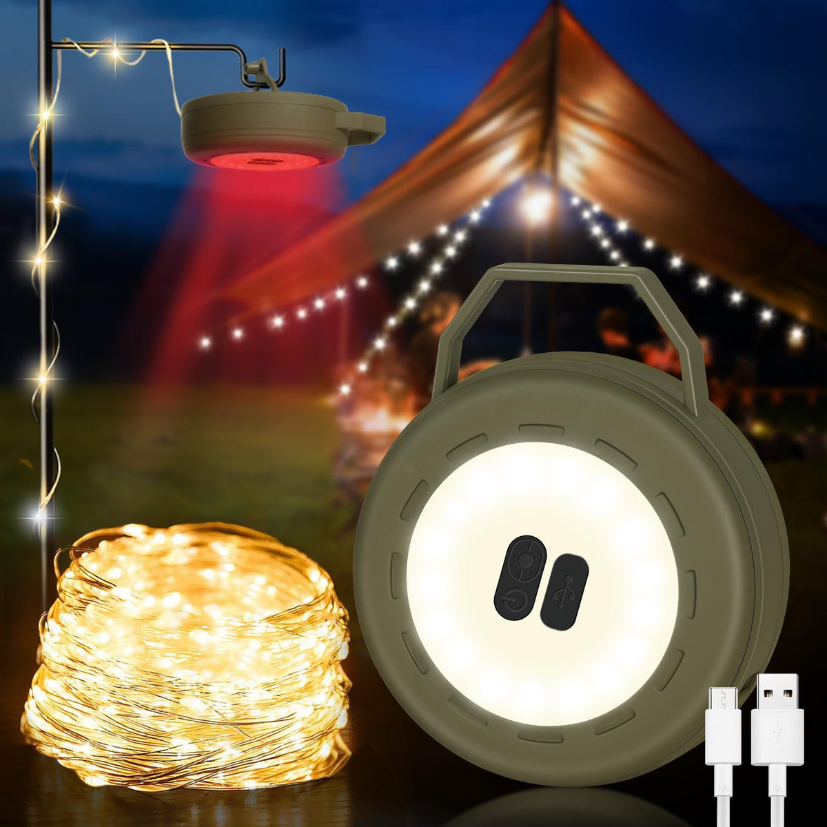 Bdjso Camping String Lights - 3 in 1 Tent Light with 6 Lighting Modes Portable Outdoor Camping Lights Rechargeable LED Camping Lights for Tent Camping Yard Decoration(32.2FT)