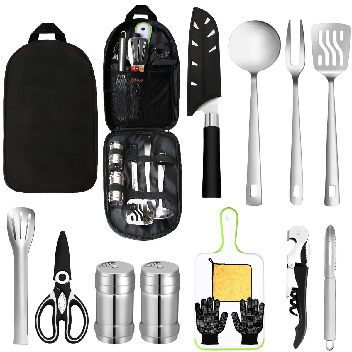 AOFUXTI 15PCS Essential Camping Utensils Cooking Set Traveling Picnic Cookware Gear Accessories Fun Tent Camper Kitchen Cutting Board and Knife Must Have Cool Tool Supplies for Outdoor Camping