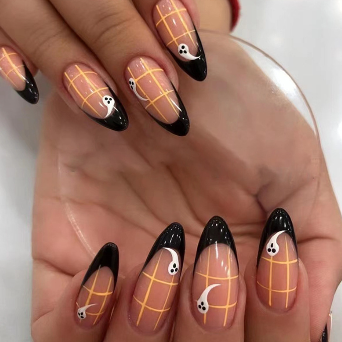 Black French Almond Ghost Manicure Fake Nails Set